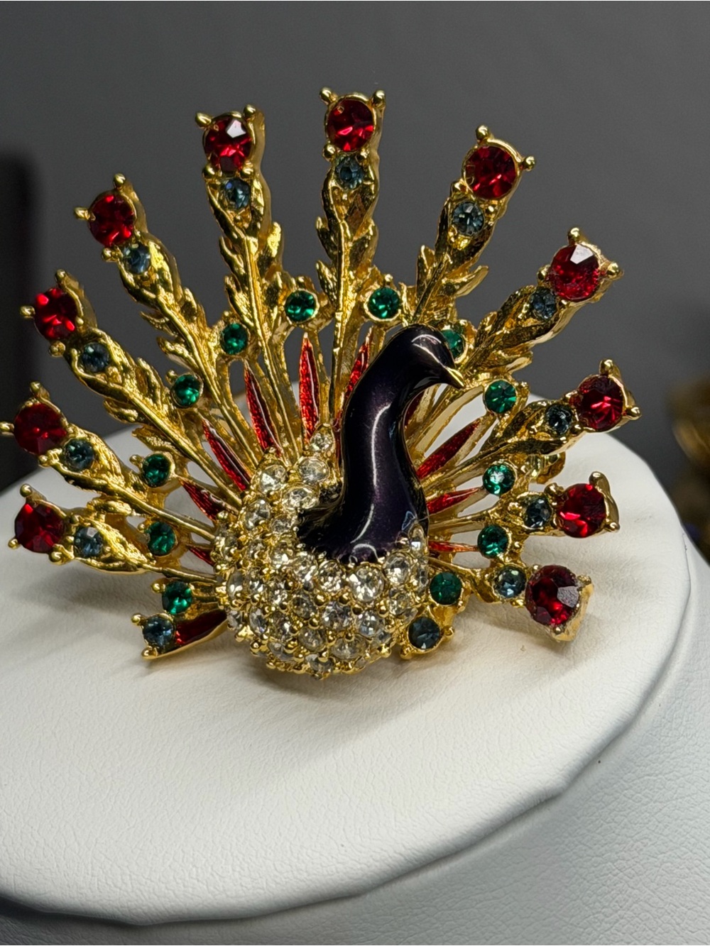 Vintage Signed Peacock Brooch 1.75” Gold Tone Rhinestone Enamel Pin Red Green St